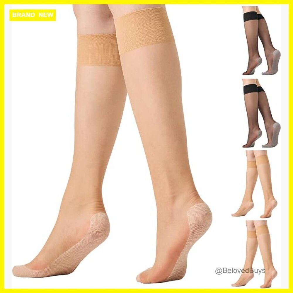 4 Pairs Knee High Anti-Slip Socks Sheer Nylon Wide Calf Stockings
